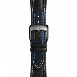 Schwarzes Lederband mit doppelter Naht – blau weiß-Dornschließe (Standard)