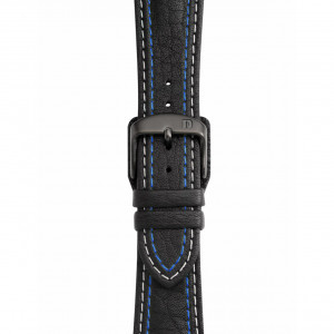 Schwarzes Lederband mit doppelter Naht – blau-weiß-Dornschließe (Standard)